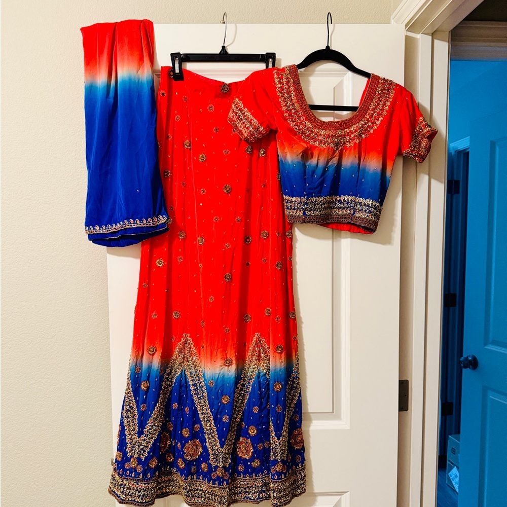Red and Blue Ombre Embellished Indian Silk Lehenga